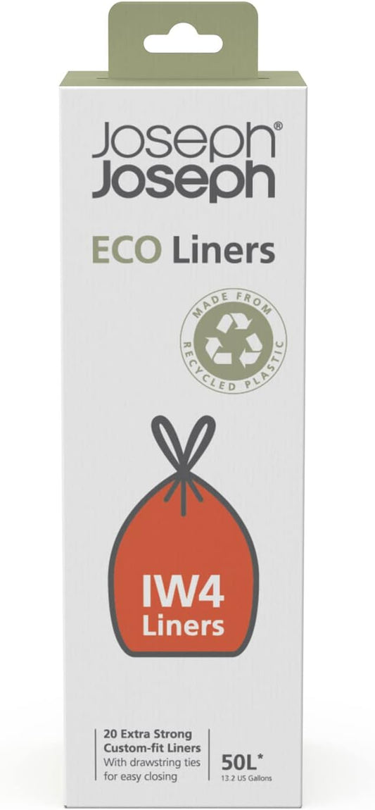 Joseph Joseph IW4 Eco Recycled plastic Kitchen Waste Trash Bags, Bin Liners With Tie Tape Drawstring Handles, Extra Strong – Pack of 20, Holds 50 Litres, Grey