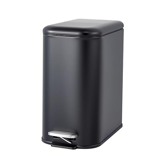 Garvee Bathroom Trash Can with Lid, 3.2 Gallon / 12 Liter Stainless Steel Garbage Can with Removable Liner Bucket, Small Step Wastebasket with Slim Design for Toilet Bedroom Office, Black