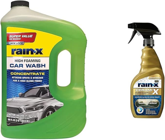 Rain-X Car Care Bundle: 100 fl oz Foaming Car Wash Concentrate & 23oz Cerami-X Glass Cleaner + Water Repellent