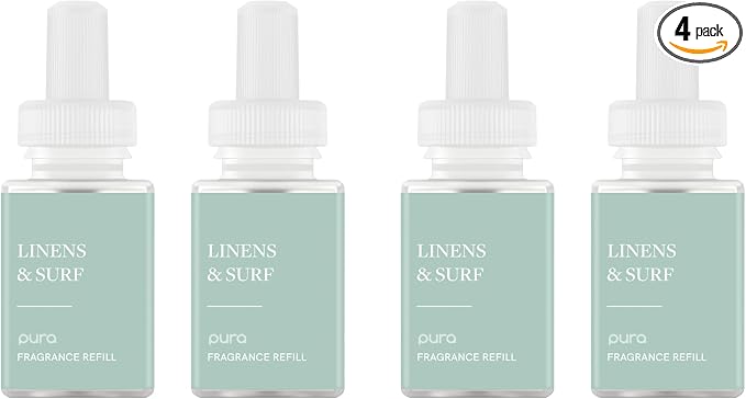Pura Smart Home Air Diffuser Fragrance - Smart Scent Refill - Long-Lasting Premium Fragrance per Refill for Home, Office & Apartment - 4 Pack, Linens & Surf