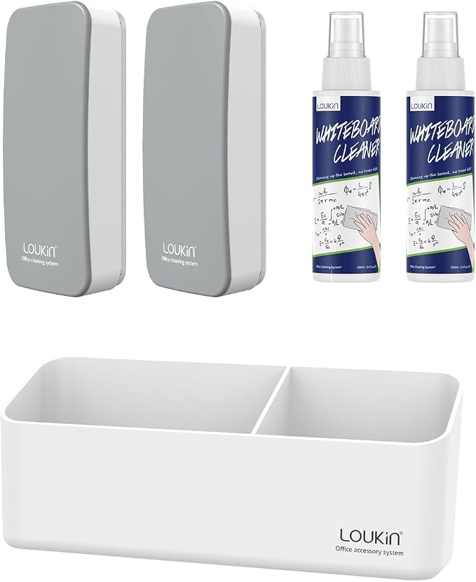 LOUKIN Whiteboard Accessories Bundle | Magnetic Dry Erase Eraser (Gray) 2 Pack & Non-Toxic Whiteboard Cleaner (3.4 fl oz) 2 Pack & Magnetic and Adhesive Marker Holder (White)