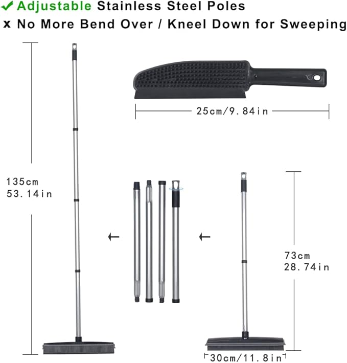 Rubber Broom with Squeegee Fur and Long Handle, Carpet Rake and Lint Brush Set for Pet Dog Cat Hair Removal Tool, Sweeping Rug Brush Indoor Outdoor,Push Broom for Soft Carpet,Tile,Wooden Floor