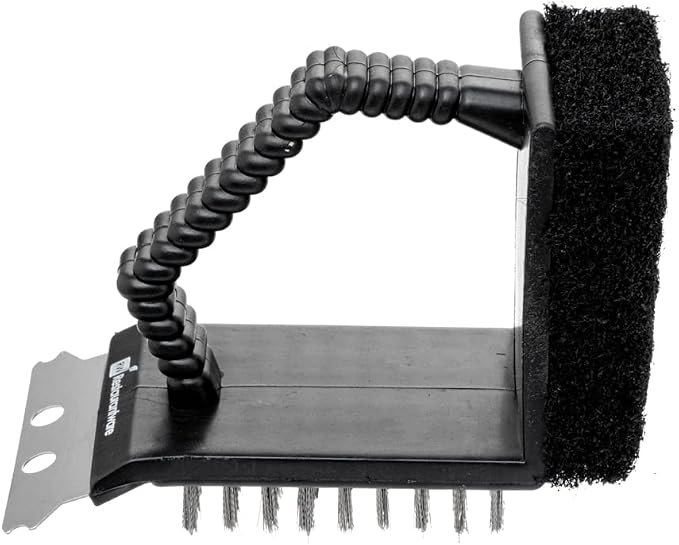 Restaurantware Met Lux 4.5-Inch Grill Brush 1 Handheld Grill Cleaning Tool - Scraper Scouring Pad Silver Plastic Grill Accessory For All Types Of Grills Ergonomic Handle