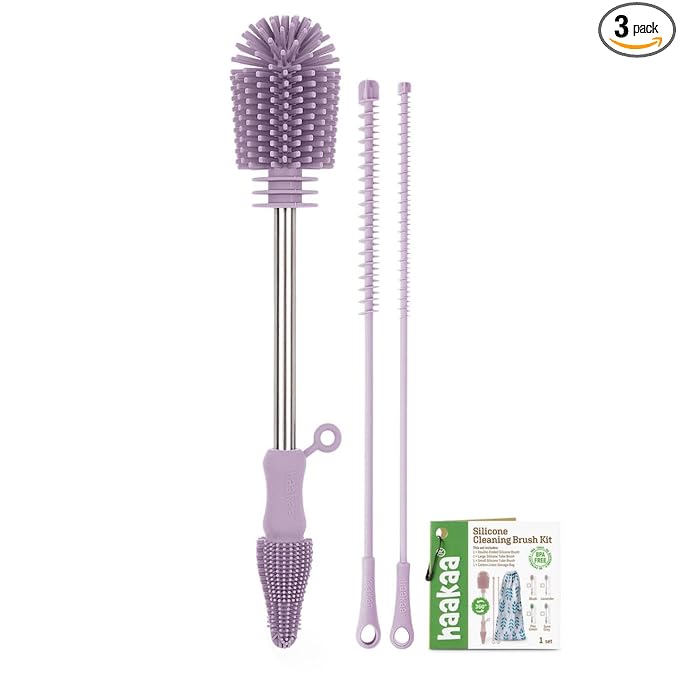 haakaa Silicone Cleaning Brush Kit - Baby Bottle Brush Cleaner for Breast Pump,Nipple,Breast Milk Storage Bag,Reusable Straw,Sippy Cup - Food Grade Silicone Bristles, Portable - 3 Pcs - Lavender