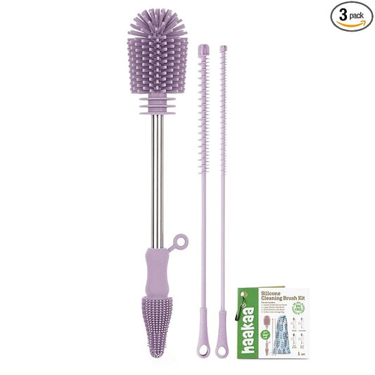 haakaa Silicone Cleaning Brush Kit - Baby Bottle Brush Cleaner for Breast Pump,Nipple,Breast Milk Storage Bag,Reusable Straw,Sippy Cup - Food Grade Silicone Bristles, Portable - 3 Pcs - Lavender