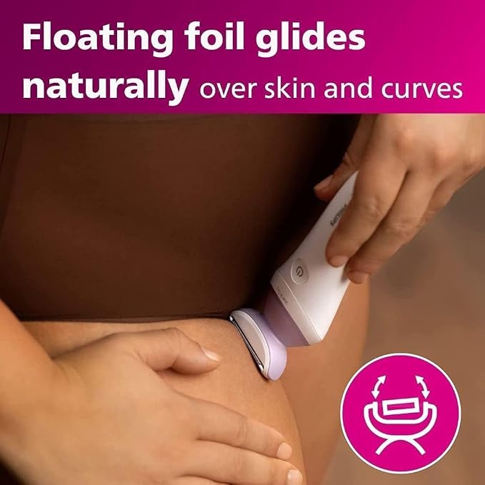 Philips Lady Shaver Series 6000, Single Foil Shaver - Wet & Dry, Cordless - Includes 4 attachments (trimming comb, soft glide cap, skin stretcher, exfoliation glove) - White/Purple - BRL136/00