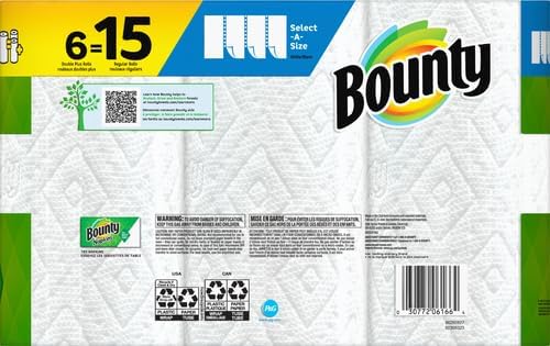 Bounty Select-A-Size Paper Towels, 6 Double Plus Rolls, White, 113 Sheets Per Roll