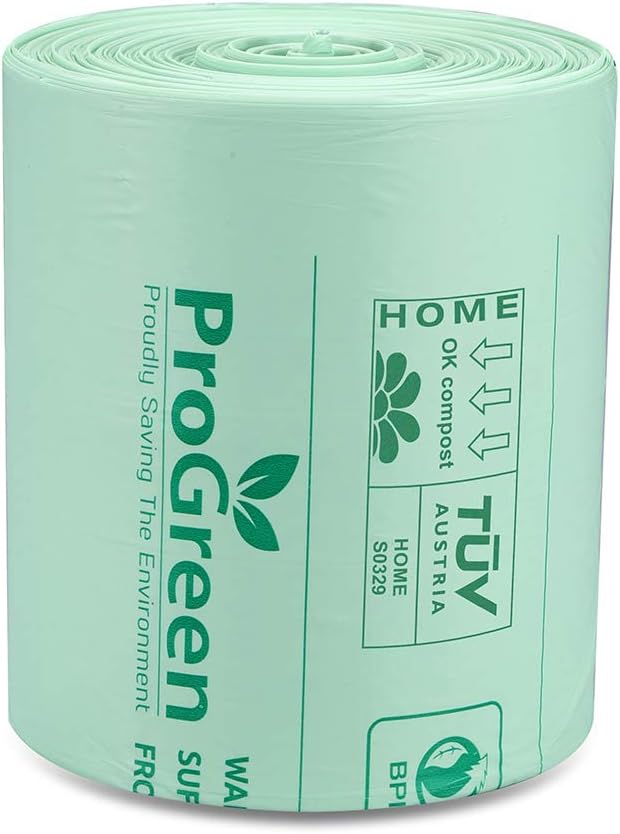 Compostable Trash Bags, Extra Thick, Compost Kitchen Bin Bags, Food Scraps Yard Waste Bags, ASTM D6400 BPI and TÜV AUSTRIA Certified (6 Gallon, Pack of 100)