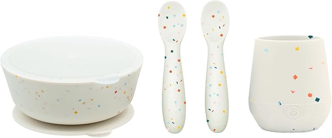 WeeSprout First Feeding Set - Silicone Baby Training Cup 2 Oz, Suction Bowl 10 Oz with Lid & 2 Baby Led Weaning Spoons - For Children 6+ Months - Non-Slip Grip - Dishwasher & Microwave Safe