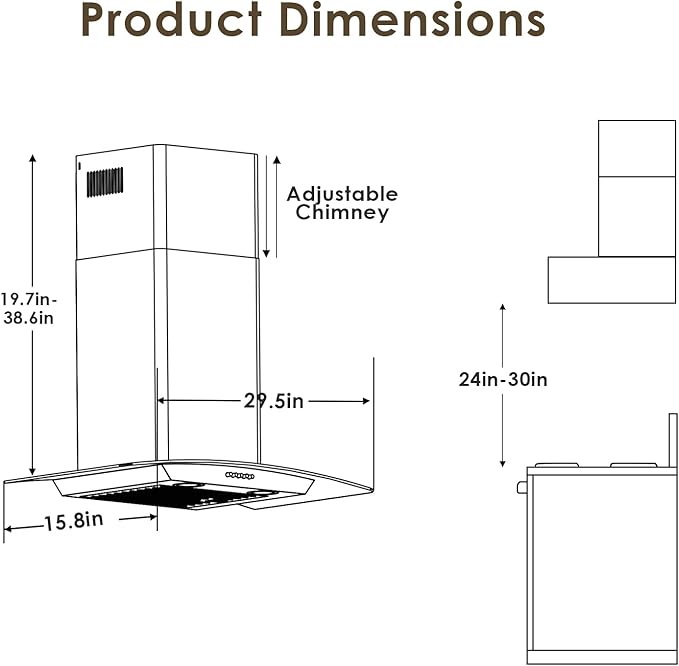 30 Inch Wall Mounted Curved Glass Range Hood with 450 CFM,Stainless Steel kitchen Ductless/Ducted Convertible with 3 Speed Controls,Permanent Baffle Filters and 2 LED Lights