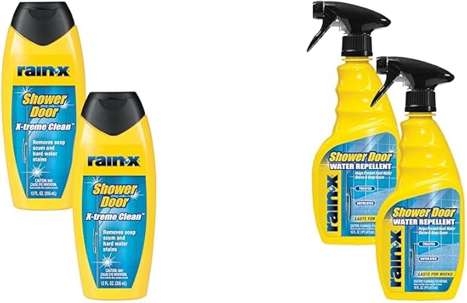 Rain-X Shower Door Care Bundle: 12 Fl. Oz X-Treme Clean Glass Cleaner & 16 Fl. Oz Water Repellent for Soap Scum & Hard Water Protection (Pack of 2 Each)