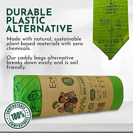 Eco Green Living 100% Compostable Caddy Liners, Biodegradable Food Waste Bags. Plastic & BPA-Free 10L Bin Liners, Vegan, Recyclable, Leakproof Kitchen Waste Bags, 4 Pack, 72 Bags