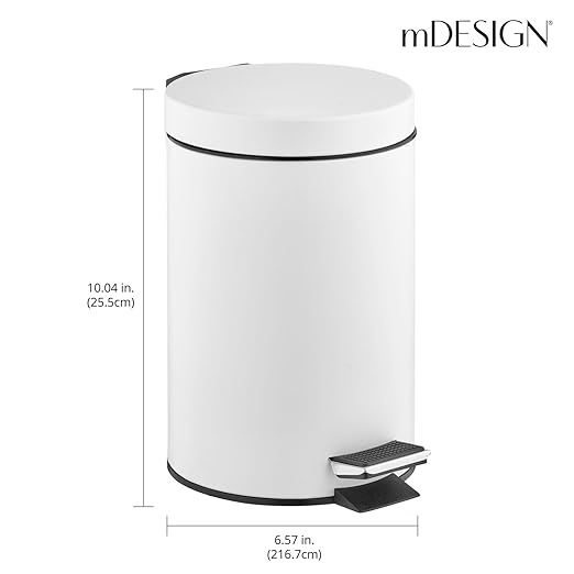 mDesign Pedal Bin — Metal Waste Bin with Pedal, Lid and Plastic Bucket Insert — for Bathroom, Kitchen, and Office — 3 Litre Household Rubbish Bin with Ergonomic Design — White