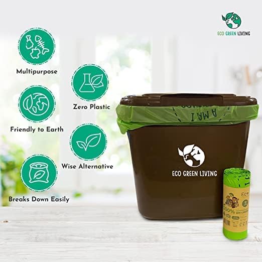 Eco Green Living 100% Compostable Caddy Liners, Biodegradable Food Waste Bags. Plastic & BPA-Free 10L Bin Liners, Vegan, Recyclable, Leakproof Kitchen Waste Bags, 4 Pack, 72 Bags