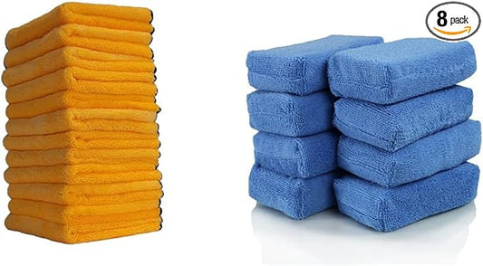 Chemical Guys MIC_292_08 Premium Grade Microfiber Applicators, Blue (Pack of 8) and Chemical Guys MIC_506_12 Professional Grade Premium Microfiber Towels, Gold (16 in. x 16 in.) (Pack of 12) Bundle