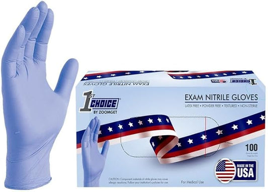 1st Choice 3 Mil Indigo Blue Nitrile Disposable Exam Gloves Made in USA, TAA Compliant Latex Free Medical Grade Cleaning S-XL