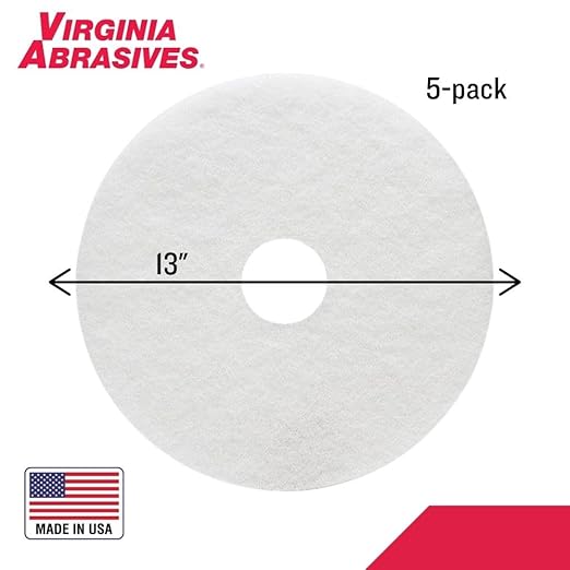 Virginia Abrasives 13” White Floor Maintenance Pads, Non-Woven Pads for Orbital Cleaning - Thick Polishing Replacement Pads, Ideal for Synthetic Floors, 5-Pack
