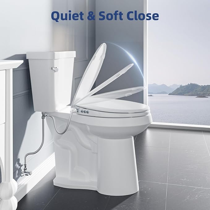 Clirass Bidet Toilet Seat, Soft Close Round Toilet Seat, Button control Feminine/Posterior Wash Switch, Knob Control Water Pressure,White Bidet Seat Attachment with Brass inlet