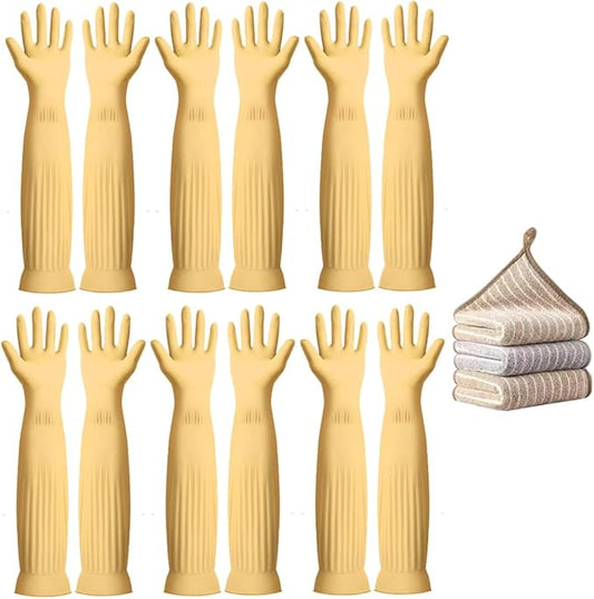 6 - Pair 17.8 - Inch Elbow - Length Reusable Rubber Waterproof Household Cleaning and Kitchen Dishwashing Gloves - Small Size