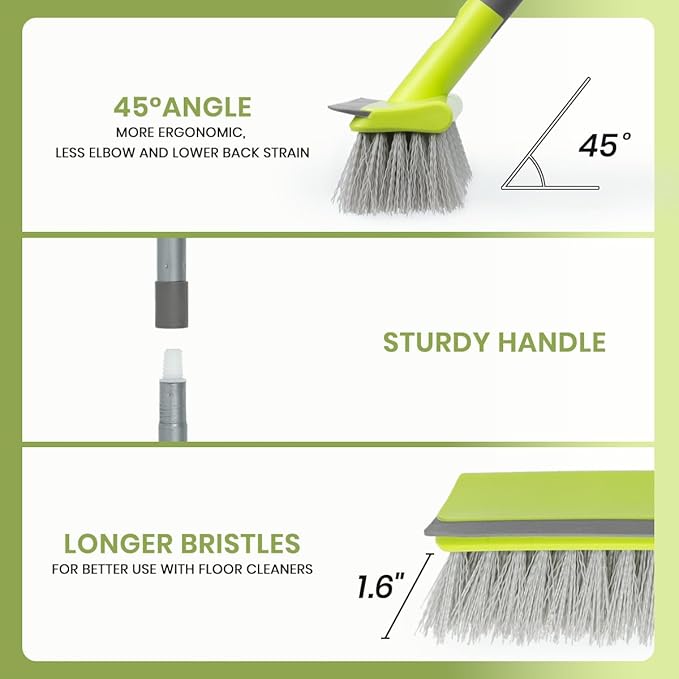 Green Indoor Broom & Floor Scrub Brush for Garage, Patio, Kitchen, Deck, Concrete Floor Cleaning