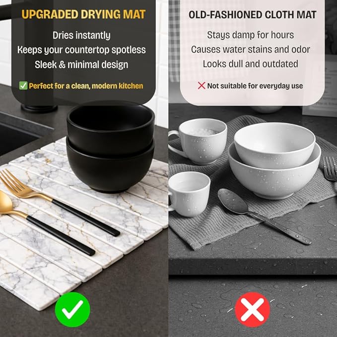 Large Stone Dish Drying Mat for Kitchen Counter, Foldable 24"×16" Diatomaceous Earth Mat, Super Absorbent Marble Stone Drying Pad for Dishes, Cups, Bottles (White Marble)