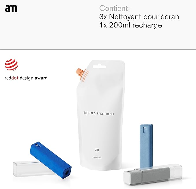 am Screen Cleaner with 7 oz Refill – Alcohol-Free Spray & Microfiber Cloth for iPhone 15 & 14, iPads, Tablets, Laptops, Phones, Smart TVs, Car Displays – Streak-Free, Non-Toxic, Eco-Friendly, Blue