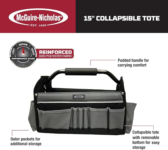 McGuire-Nicholas 15" Collapsible Tool Tote, Grey and Black Tool Tote Bag, 22015