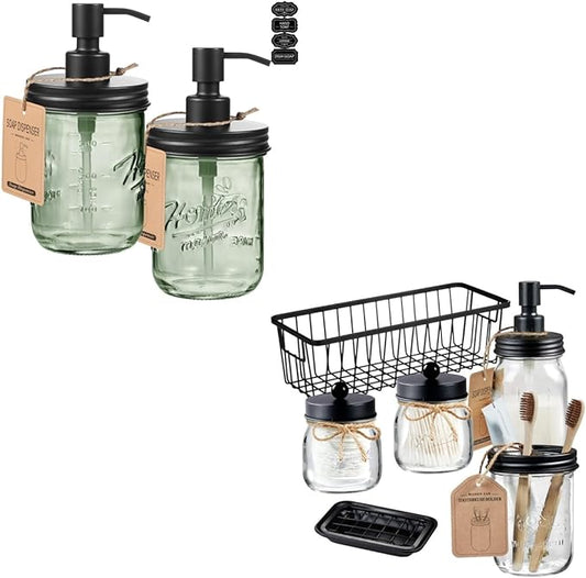 SheeChung 6Pcs Clear Bathroom Accessories Set, Toothbrush Qtip Holder & 2 Pack Green Glass Soap Dispenser, Kitchen Dish Soap Dispenser, Refillable, Black Bathroom Decor
