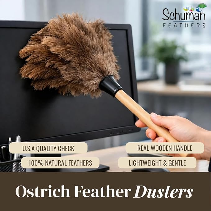 Ostrich Feather Duster with Wooden Handle 14" – Natural Reusable Feather Duster for Cleaning, Furniture & Shelves, Blinds, Ceiling Fan, Dusting Tool for Home, Office, Delicate Surfaces - 2 Pack