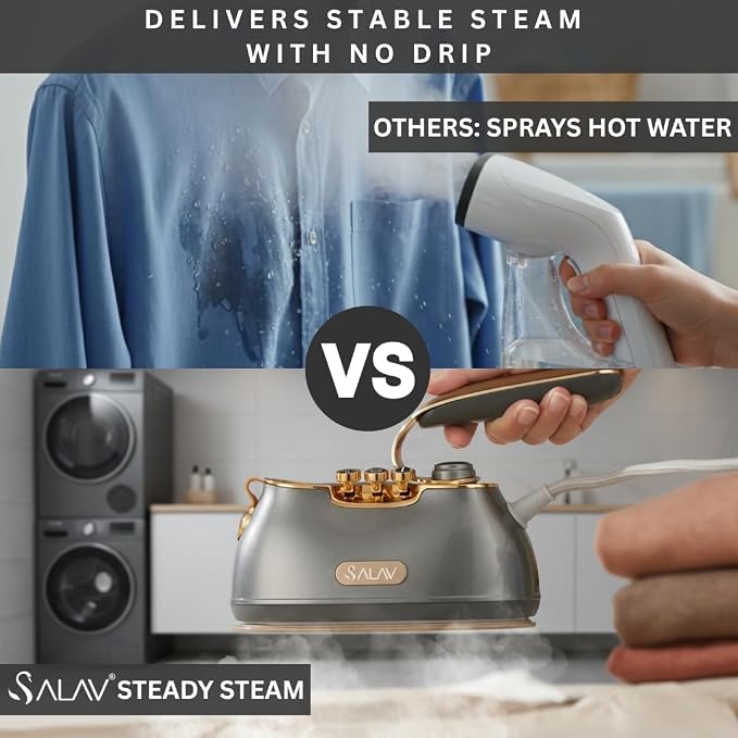SALAV® Retro Edition Duopress Handheld Garment Steamer & Iron, Ceramic Plate, 1000W, No Drip Steam, Vertical & Horizontal Steam, Titanium - Removes Wrinkles & Refreshes Clothes, Vintage Style