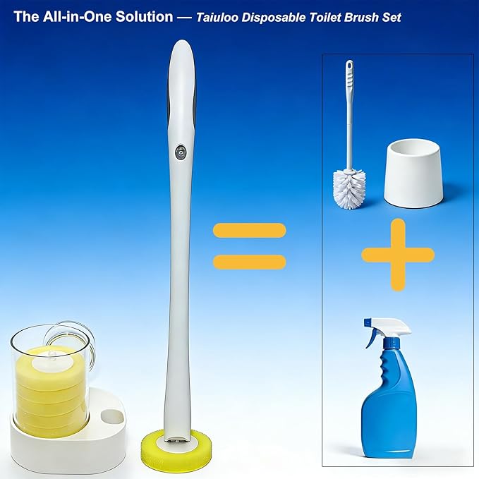 Taiuloo Disposable Toilet Brush, Wall Mounted Toilet Bowl Cleaner Wand & Holder with 32 Refills Scrubbing Pads, Bathroom Toilet Wand Kit Deep Cleaning System
