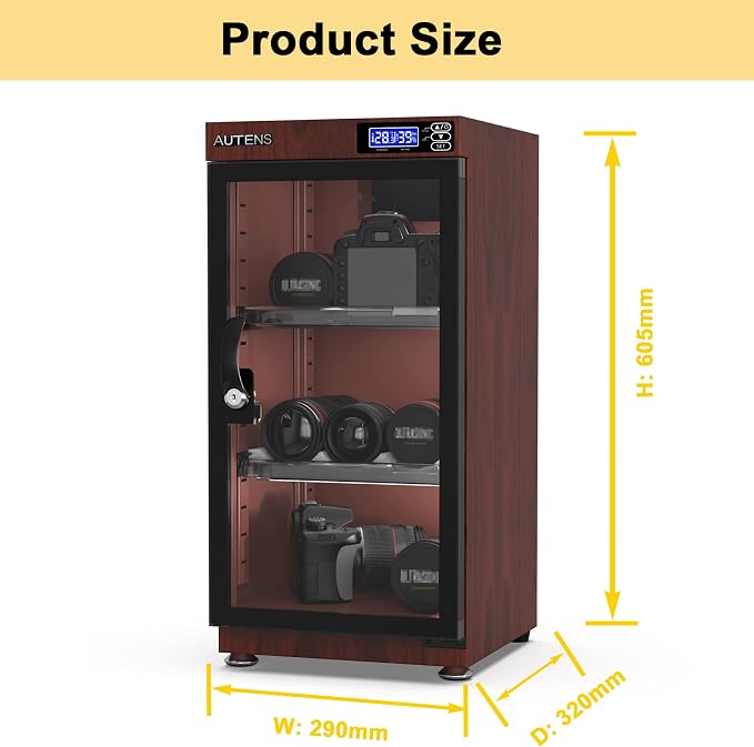 50L Dehumidifying Dry Cabinet Box, Wood grain Design Digital Control Noiseless and Energy Saving, for Camera Lens and Electronic Equipment Storage,Temperature Humidity LED Dual Screen