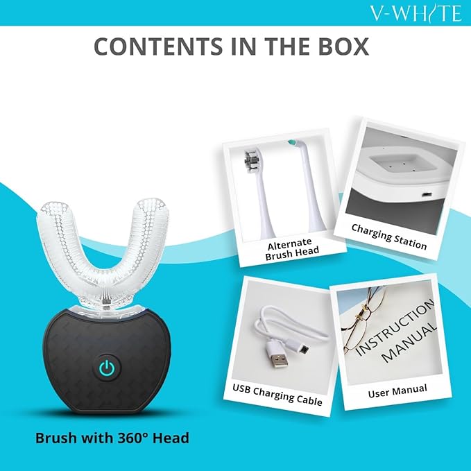 V-WHITE Adults Auto Brush Ultrasonic U-Shaped Toothbrush – 360° Teeth Cleaning, Hands-Free Electric Autobrush – Gum Protection, Waterproof IPX7, Wireless Charging