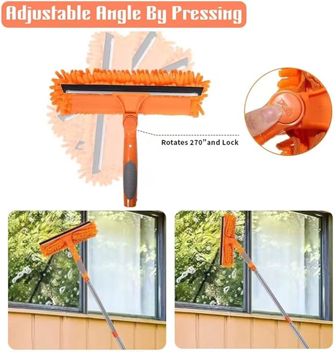 Window Squeegee Cleaner Kit - 2-in-1 Rotatable Window Cleaning Tool with Extension Pole, Professional Streak-Free Squeegee with Bendable Head for Indoor/Outdoor Windows & Car Glass (Orange, 38.45FT)