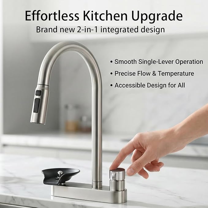 Kitchen Faucet with Pull Down Sprayer and Cup Washer, Glass Rinser Faucet, Lead-Free Brass Waterway, 3 Spray Modes, Single Handle, Single Hole Kitchen Sink Faucet, Brushed Nickel
