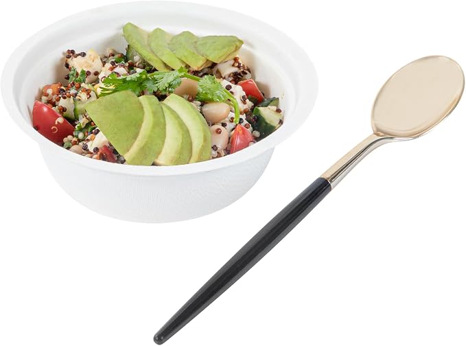 Restaurantware-Moderna 7.75 Inch Fancy Flatware, 50 Durable Plastic Flatware - With Black Handle For Grip, Heavy-duty, Gold Plastic Spoons, Easily Disposable Or Restaurants