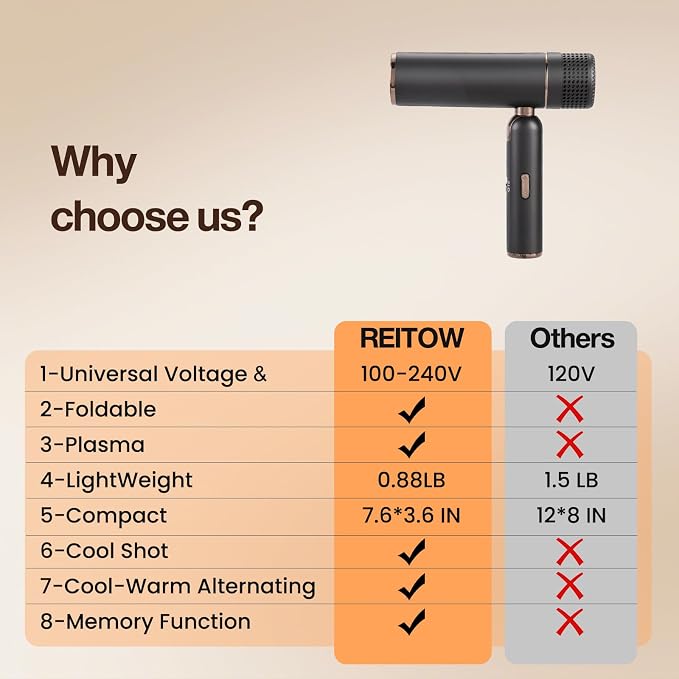 Dual-Voltage Foldable Travel Hair Dryer: Compact High Speed Plasma Diffuser Blow Dryer with Cool Shot - Lightweight/Portable -with Storage Bag & European Adaptor for All Hair Types Gray