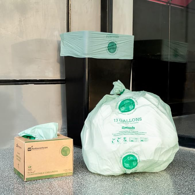 Restaurantware-RW Eco 13 Gallon Biodegradable Garbage Bags, 100 Compostable Trash Bags - Star Seal Bottom, Won't Tear Or Leak, Green Plastic Trash Can Liners, BPI-Certified, For Office And Homes