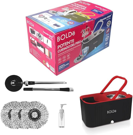 Thunder MOP Spin System - Ultra Clean - Single Bucket Microfiber Head, Stainless Steel Wringer, Antifungal Quick-Dry Cleaning, Soap Dispenser, 3 Free Refills (Black/Red)