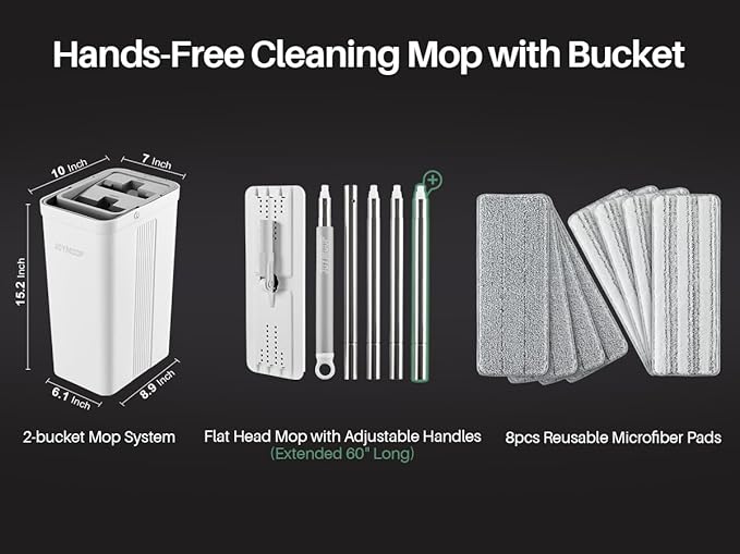JOYMOOP Mop and Bucket Set for Household and Commercial Use, Dust Mops for Floor & Wall Cleaning, Long Handle, Wet and Dry Use - Includes 8 Microfiber Mop Pads