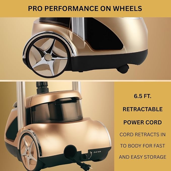 SALAV Professional Garment Steamer 1500W with Foot Pedal Control | 45s Fast Heat Up, 1.8L Tank, Up to 1 Hour Continuous Steam, Stainless Steel Nozzle & Wheels – Gold