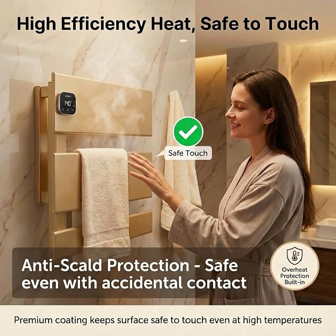 L Series Electric Towel Warmer for Bathroom, 3 Panel, Gold | Thermo Control and Timer, Fast Heat in 3 Mins, Dry Towels in 4 hrs, Memory Function, Work with Smart Plug, Left-Wiring