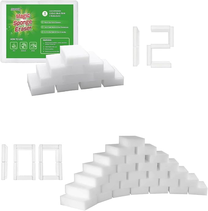 12 Pack +100 Pack Magic Melamine Sponge Eraser, No Scratch & Super Absorbent