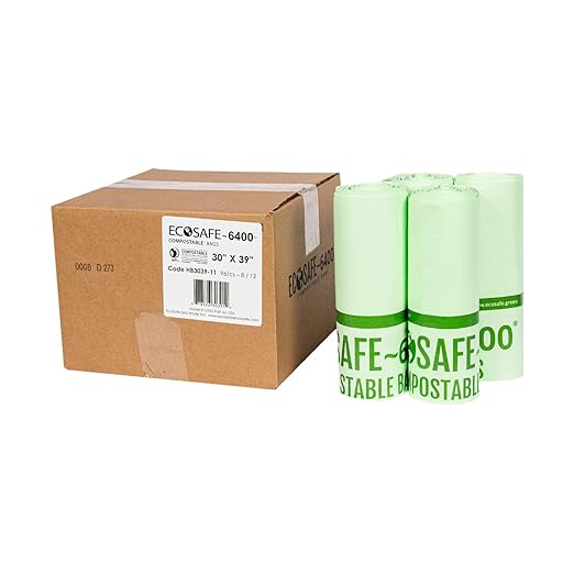 EcoSafe-6400 HB3039-11 Certified Compostable Bag - 30x39” Green Bags for 30 Gallon Bin - Extra Strong Leak, Puncture and Tear Resistant Food Scraps Bin Liners, Pack of 96
