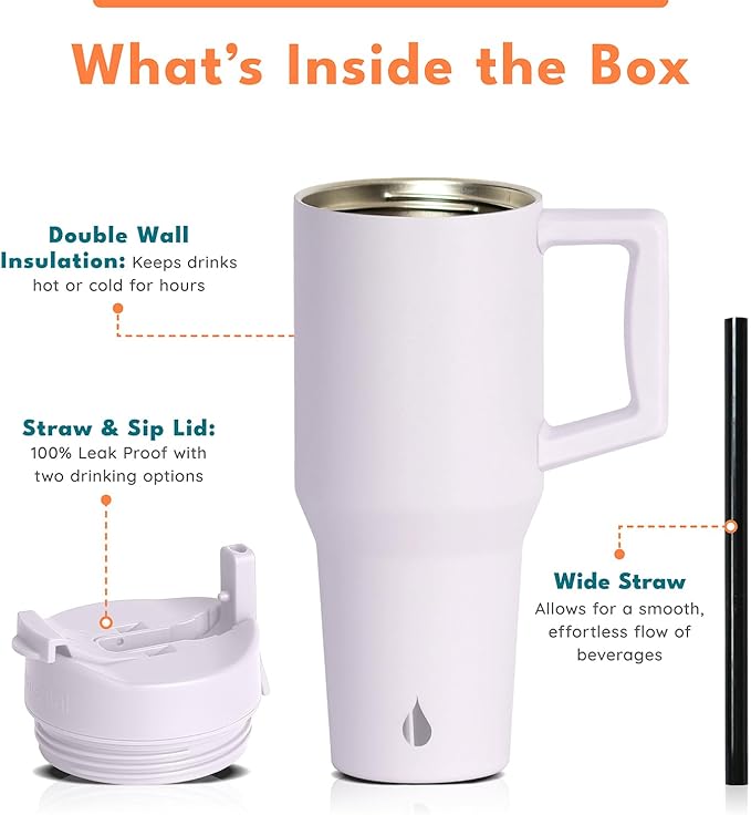 Elemental 32 oz 100% Leak Proof Tumbler with Handle & Straw - Stainless Steel Double Wall Insulated Tumbler for Hot and Cold Beverages - Travel Coffee Mug with Sip & Straw Lid - White
