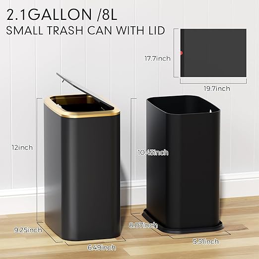 Bathroom Trash Can with Lid 8L/2.1 Gallon Black Trash Can Small Garbage Can with Press Top Lid Slim Stainless Steel Garbage Can with 100 Counts Trash Bags for Bathroom Bedroom Kitchen Office Toilet