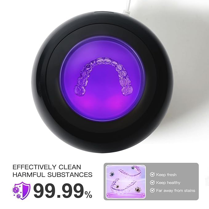 Dental Ultrasonic Retainer Cleaner Machine: 45kHz Dental Cleaning Pod for Denture, Aligner, Mouth Guard, Night Guard, Braces & Jewelry, UV Denture Cleaner with Digital Timer & Dual Mode 250ML Black