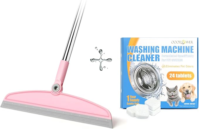 Multifunction Silicone Broom, 54 Inch Adjustable Long Handle Rubber Broom Sweeper(Grey Pink)+Washing Machine Cleaner Tablets 24 Pack