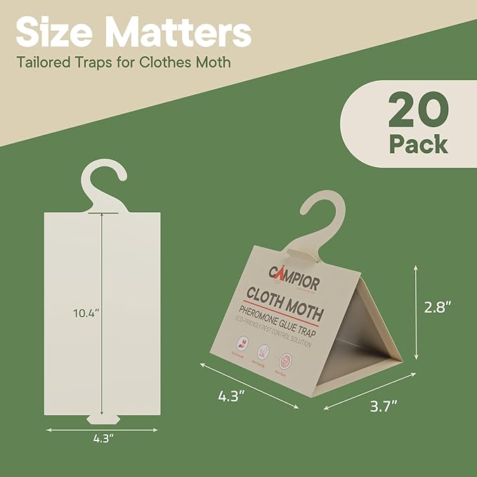 Clothing Moth Traps with Pheromones (20 Pack) Non‑Toxic, Sticky Glue Traps for Clothes Moth Treatment & Prevention, Case‑Making & Web‑Spinning Moths, for Closets & Storage, Protects Clothes & Carpets