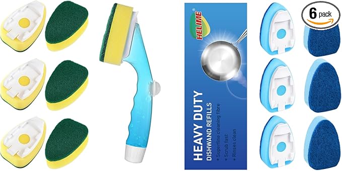Non Scratch Dishwand Refills Handle, Dish Wand Refill Pack, 6 Heavy Duty Replacement Sponge Heads Set, Soap Dispenser Scrubbers, Dishwashing Scrub Dispensing Brush Pads, Dishwasher Cleaning Tool kit